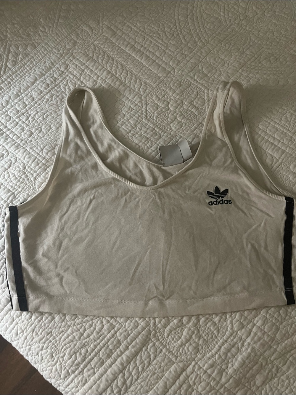 adidas White Cropped Bandeau Tank with Black Logo and Side Stripes